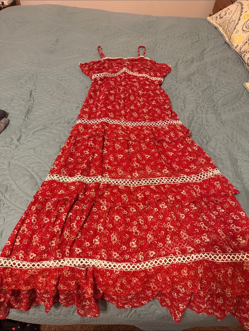 Red Floral Maxi Dress with Lace Trim western wear beautiful ruffled dress